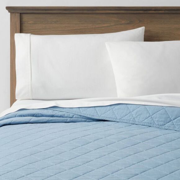 Threshold Other - Threshold - King Diamond Stitch Cotton Linen Quilt Light Blue Blue